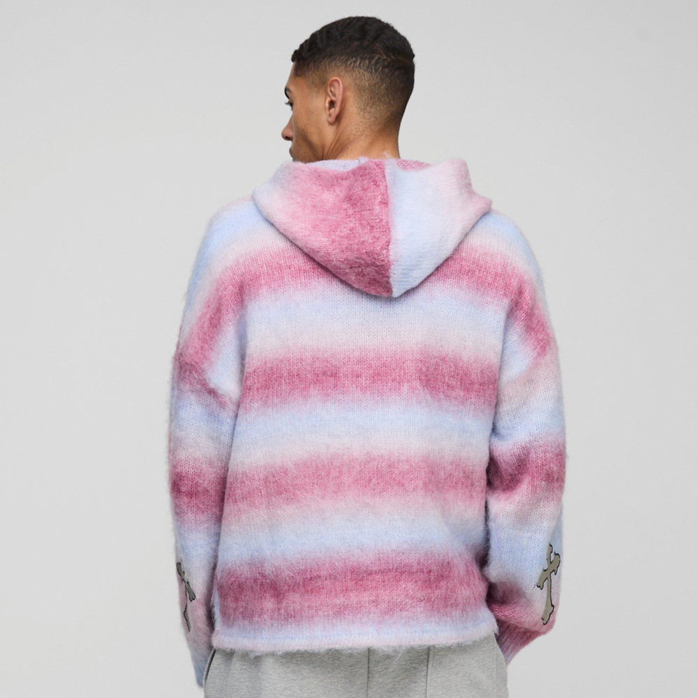 Boxy Fit Ombre Stripe Brushed Knit Cross Hoodie - Image 2
